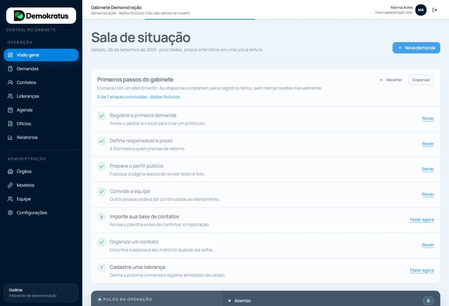 Tela do Demokratus com fila de demandas, próximos compromissos e indicadores do gabinete em demonstração